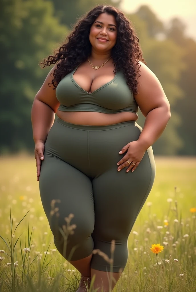 Foto hiperrealista en primer plano de Naomi Campbell, masterpiece, best quality, (photorealistic:1.4), full body, (army green tank top:1.1), (army green yoga pants:1.2), fall hiking in the rocky mountain,  romantic sunset, fall colors,  cinematic light, beautiful woman, skinny, medium breasts, black long hair, detailed face, smile, facing the camera, photo taken from a distance, age of 18 years old, curvy body, plump body, huge big ass, thick body, curvy body type, voluptuous body type, busty body type, thick body type, big chest, big