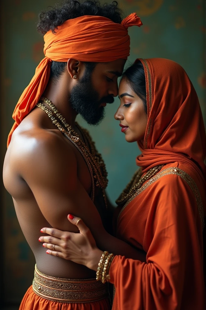 "A Hindu man with a tattoo on his arm, sitting beside a Muslim woman wearing a hijab, both smiling and looking at each other lovingly in a traditional, artistic style."