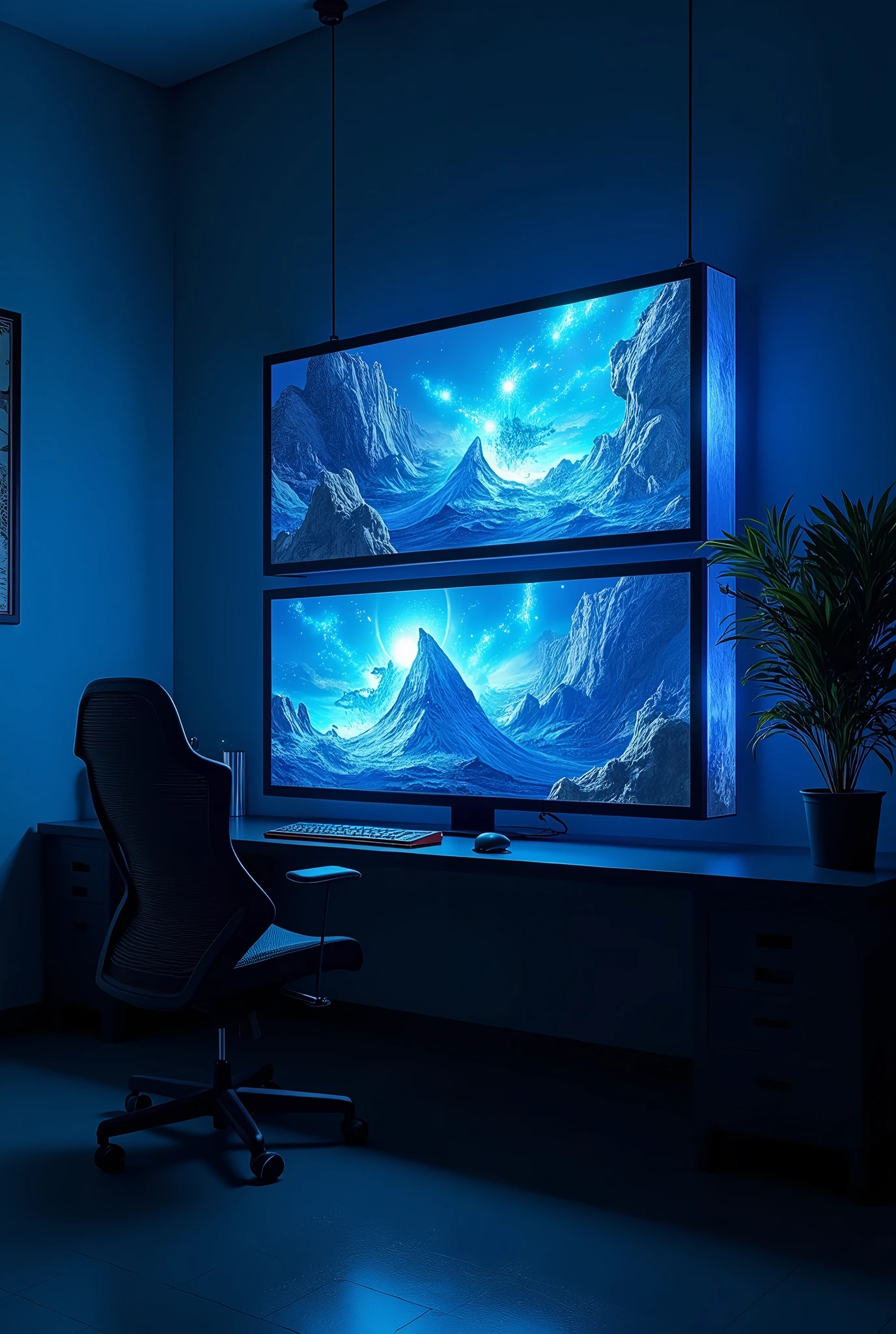 2 monitors、Monitors are placed vertically、Stylish room、Black and blue dim room、Neon color、High resolution, Highest quality, masterpiece, Widescreen, detail, 高いdetail, High-resolution model, Chiaroscuro, realism, Surrealism,