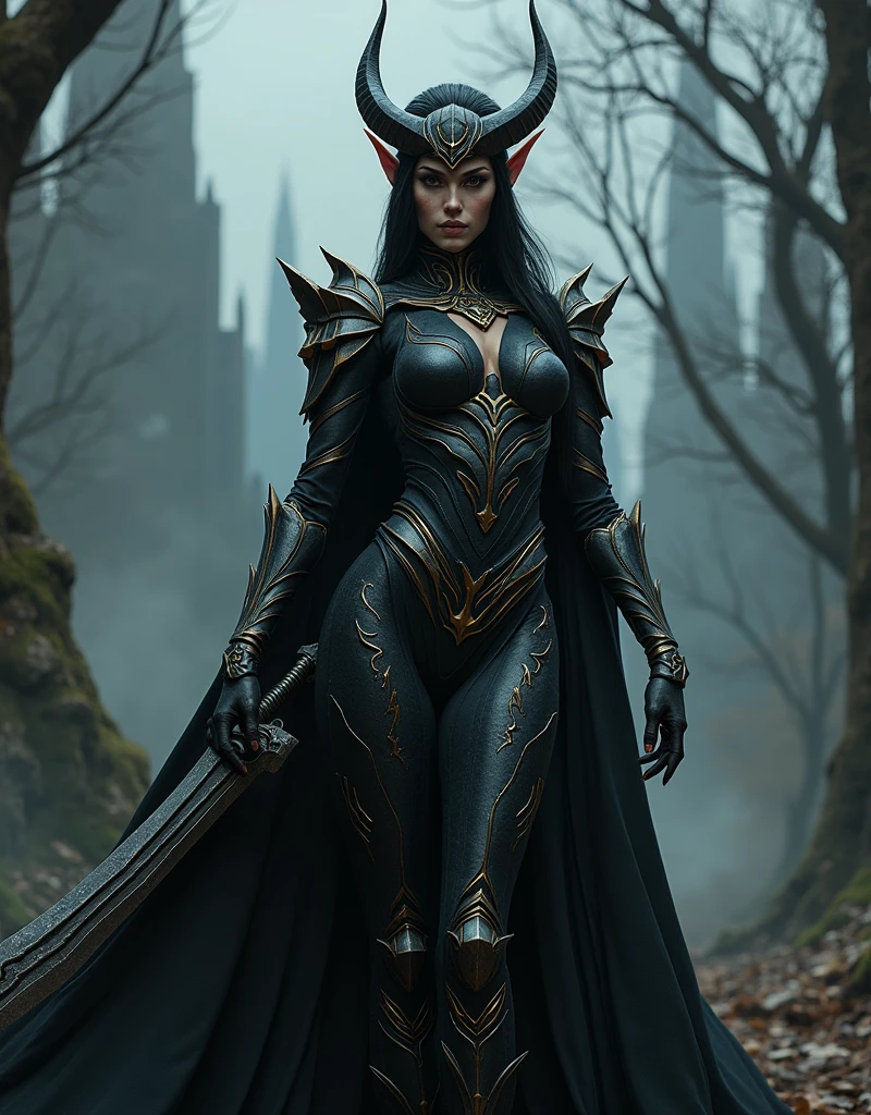 Big Pointy ears, ultra detailed armor made of leafs of gold, silver cape, facing camera, Hips, belly, night sky, realistic forest ruins, Realistic beautiful armored female elf, elvish long ears, long straight shiny black hair, shiny almond green eyes, 8k, HDR, ultra realistic, realistic skin, masterpiece, best quality, high quality, ray tracing, clean face, feline expression