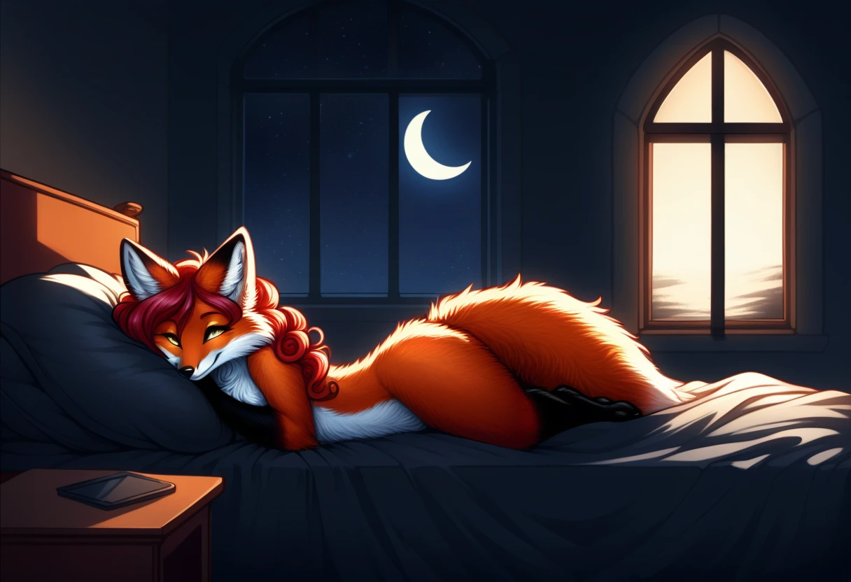 red fox, female, vixen, fox tail, gorgeous, majestic, elegant, mysterious, alluring, romantic, beautiful, sexy body, voluptuous, hair, scarlet hair, red hair, yellow eyes, smile, gazing at viewer with side eye, side view, full body, highres, perfect artwork, absurdres, rzminjourney, vector-art, curled up, tail curled up cuddling, curled up cutely, sleeping, sleeping cutely, waifu, on a bed, black pillow, in a bedroom, night, window with night sky and a half-moon, window, half-moon, pitch black night sky, safe for work, covered chest