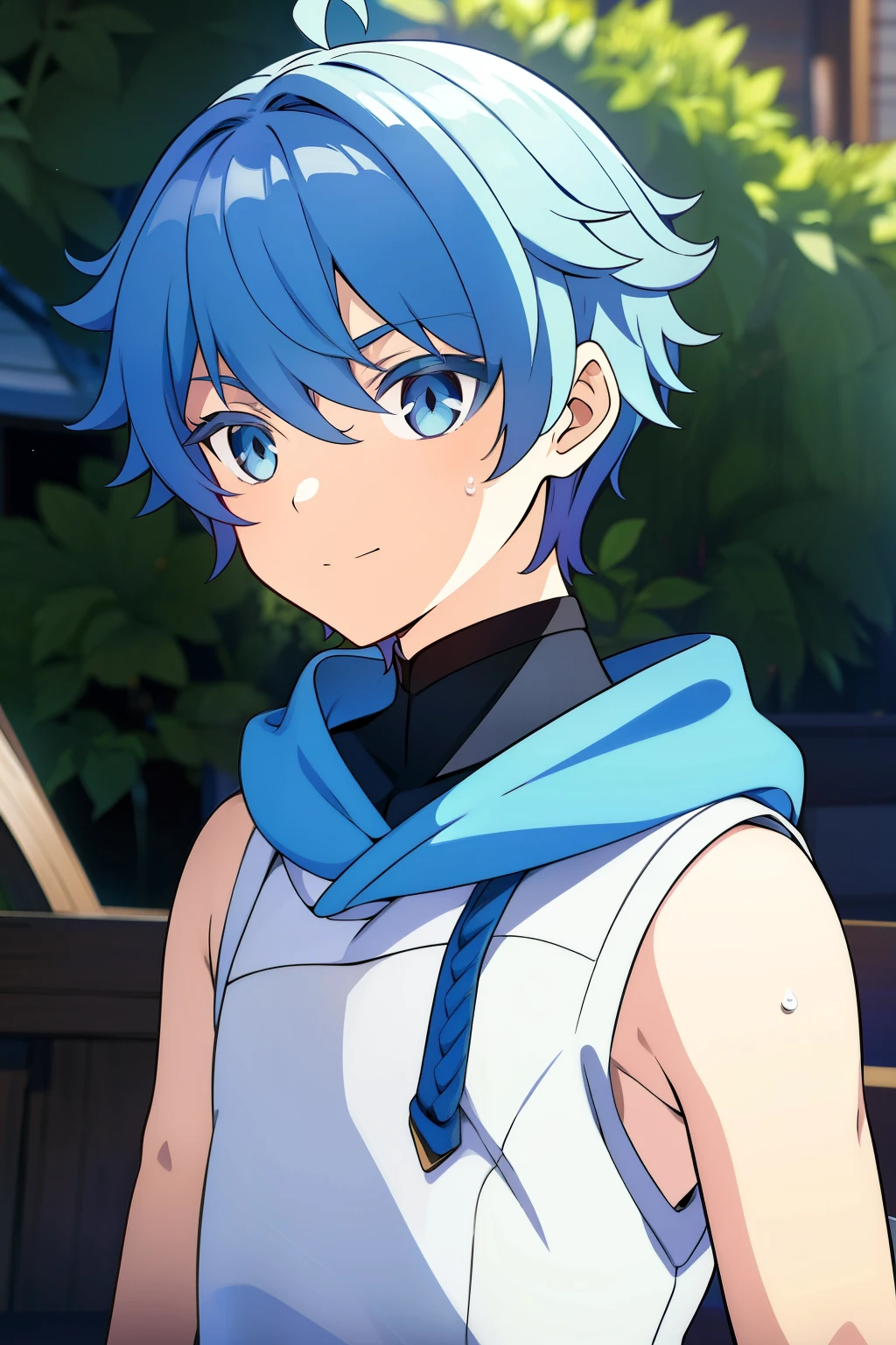 Highres, Masterpiece, Best quality at best,Best Quality,hight quality, hight detailed, Anime style, 1boy, Shota, young boy,14-years-old, chongyun, blue hair, blue eyes, short hair bangs, hair between eyes, Sleeveless hoodie, Bare shoulder, body, light smile, closed mouth, (very young boy), (very small and short body), Simple beckground, cute boy, Uhd, bokeh, sweat