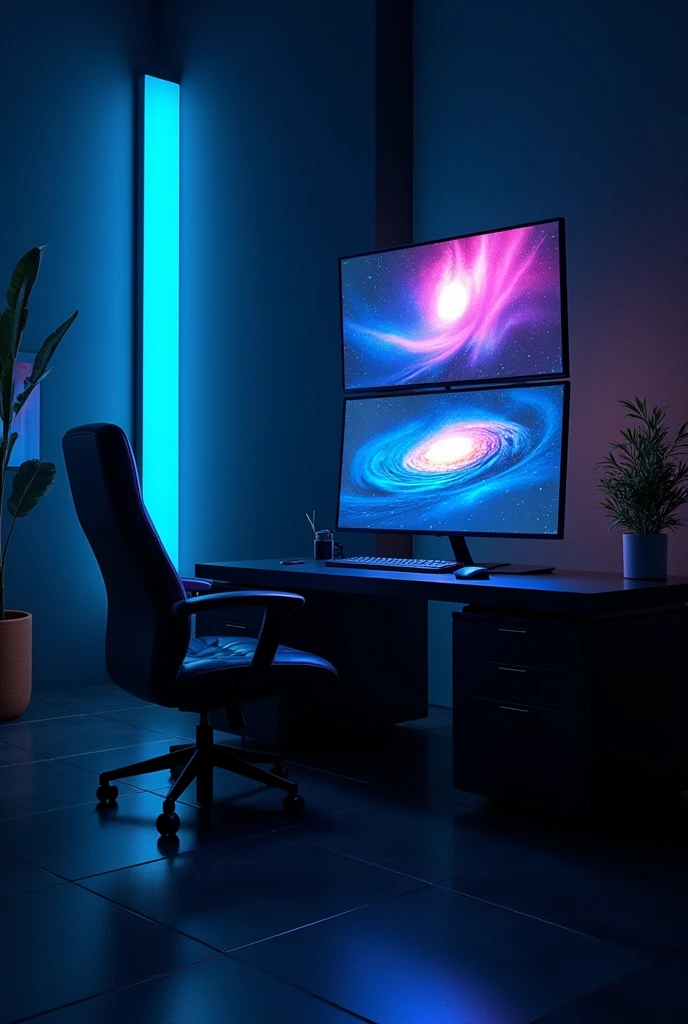 2 monitors、Monitors are placed vertically、Stylish room、Black and blue dim room、Neon color、High resolution, Highest quality, masterpiece, Widescreen, detail, 高いdetail, High-resolution model, Chiaroscuro, realism, Surrealism, 