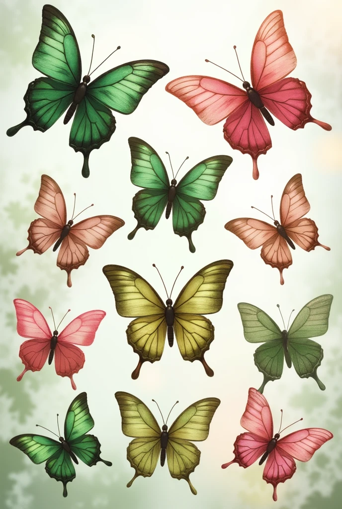 Eight butterflies in two colors, green and pink, for toppers