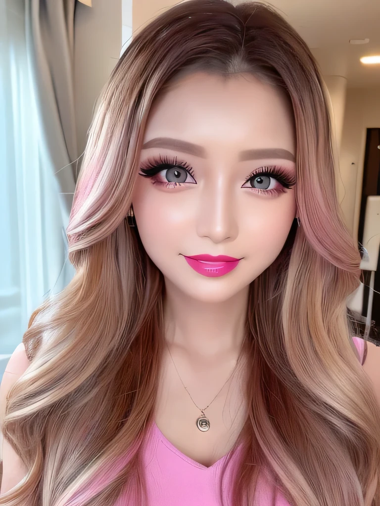 ((Highest quality, Ultra-high resolution、The most complex and detailed depiction))、(Bright lighting:1.1)、(Beautiful woman:1.1)、(Long Wavy Hair:1.05), (Accurate anatomy:1.1)、Colored contact lenses、Perfect Makeup、Pink lipstick、Highly saturated eyeshadow、Shiny metallic bodycon、Blurred Background, Look at me and smile、Luxurious Room、(Ultra-high resolution gloss, Fair skin:1.1)、Ultra-high resolutionの顔、Ultra-high resolutionの髪、Ultra-high resolution sparkling eyes、Ultra-high resolution glossy lips、Beautiful face drawn in every detail、Ultra-high resolution perfect beautiful teeth、(Bright and vivid:1.1), whole body, Beautiful legs in every detail