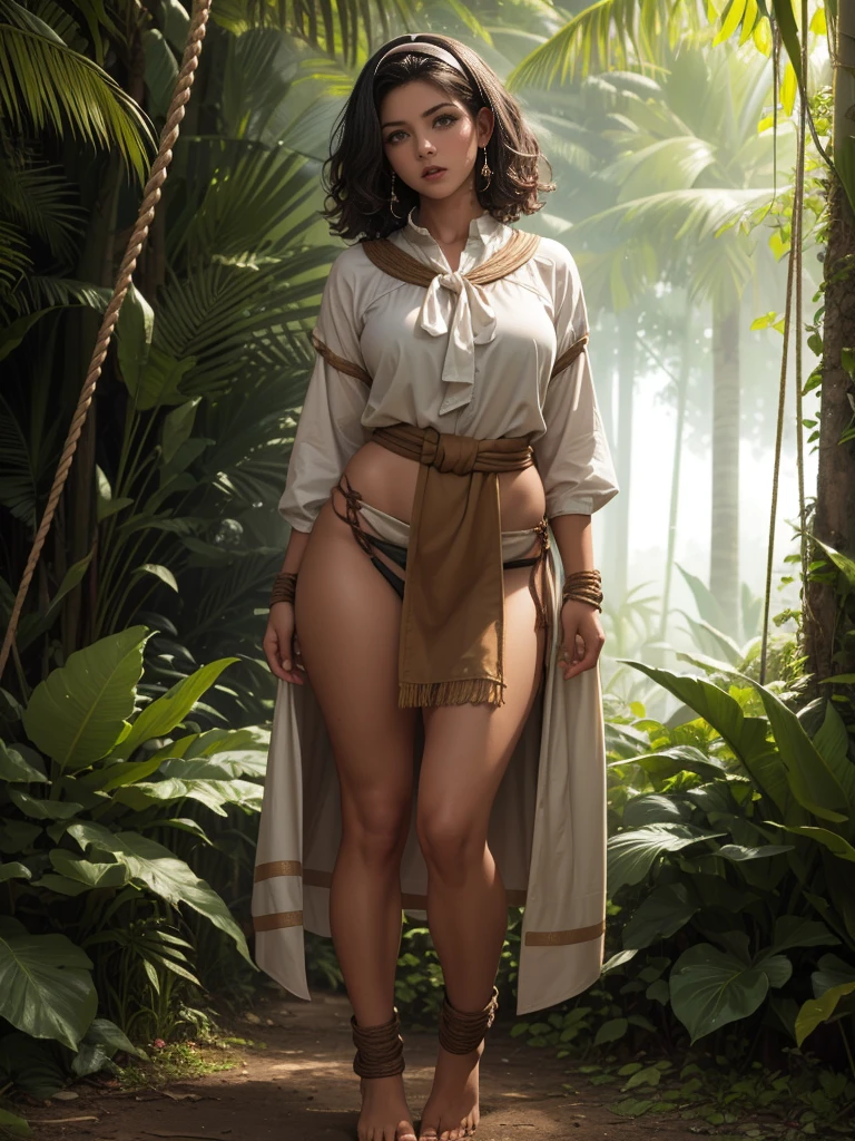 Beautiful, amazon native woman, (((brown skin tone))), black medium hair, hairband, Afro American, dewy complexion, long eyelashes,soft-petalled lips,(beautiful detailed lips:1.1),(medium breasts:0.9),youthful appearance, black locks cascading down, seductive sexy pose,(jungle background:1.1),soft sunlight, pastel color palette,(best quality:1.2),(highres:1.1),(realistic:1.37),(physically-based rendering:1.1),(vivid colors:1.1),(soft lighting:1.1), full body, (((visible feet))), native clothes, (((loincloth))), (((primitive native worn brown blouse))), feather adorns, primitive leather native clothes, captured, sweaty, blushed, (((tied hands with ropes))), (((arms behind back))), (((panic face))), (((frightened))), (((struggling))), (((full body)))