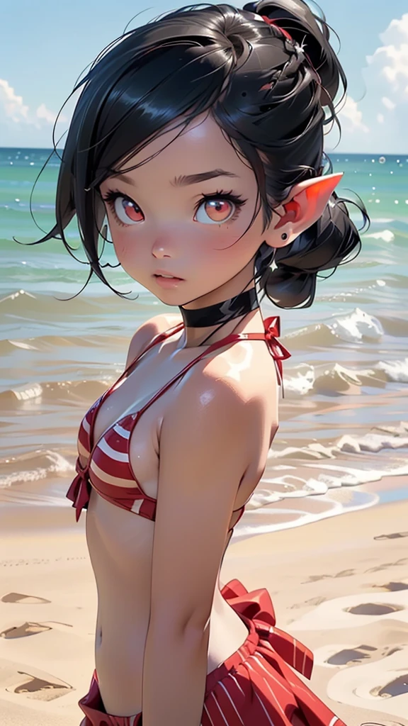 cute elf ,girl, 1girl,(((tiny little body,small))),(((26 years old))),((anime elf with extremely cute and beautiful black hair)),(((elf, elf ears))), (((flat chest))),((((black hair:1.35,short hair,colored inner hair,ear breathing)))),(((red_eyes:1.3))),intricate eyes,beautiful detailed eyes,symmetrical eyes,big eyes:1.5,(((lustrous skin:1.5,bright skin: 1.5,skin tanned,shiny skin,very shiny skin,shiny body,plastic glitter skin,exaggerated shiny skin,illuminated skin))),(delicate detailed fingers,detailed body,detailed arms,human hands,(detailed face)), cute,slutty,erotic,daring,nsfw, ((red bikini:1.5,striped bikini:1.5,white and red stripes)),revealing clothing,show skin,(semi-naked),(choker,wrist cuffs),((intricate outfit,intricate clothes))), (dynamic pose:1.0),embarrassed,(centered,scale to fit dimensions,Rule of thirds), ((Sky, Sea, clouds,)), with dark stormy clouds,((beach scenery,intricate scenery)), (Glossy winter ornaments),highres,sharp focus,(ultra detailed,extremely detailed),(photorealistic artwork:1.37),(extremely detailed CG unity 8k wallpaper),(((vibrant colors,vibrant theme))),(intricate),(masterpiece),(best quality),