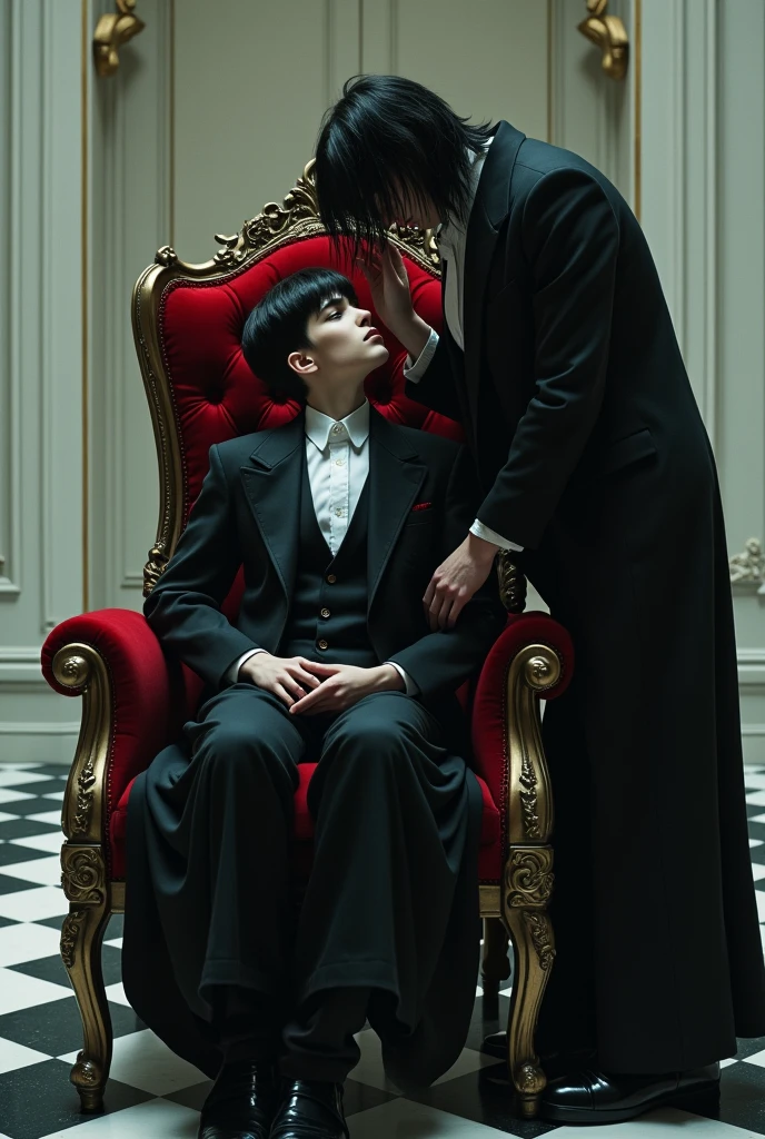 A cute boy wearing gangster style dress and Glass holding Black Rose in left hand and right hand holding gun sit on king chair ina a castle