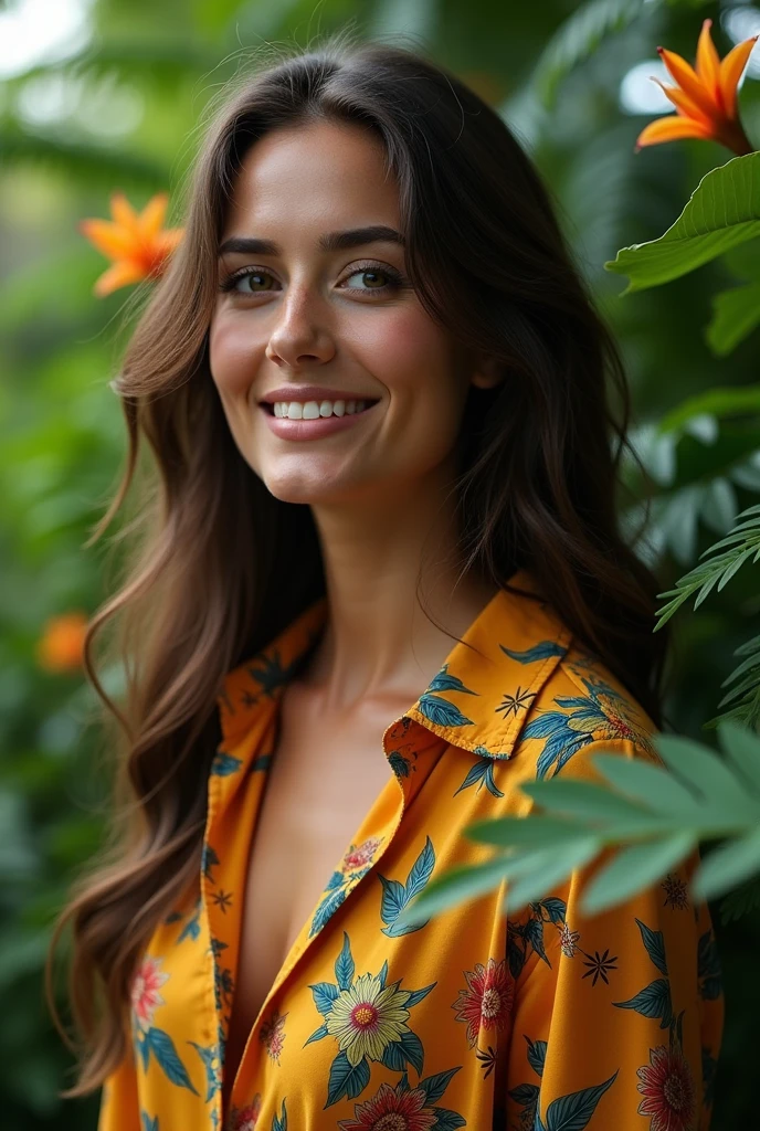 A Brazilian woman in a lush tropical garden, wearing an open shirt with a floral print, with a close-up capturing the harmonious beauty between her breasts and the natural flowers, showing off your natural charm and outgoing personality.