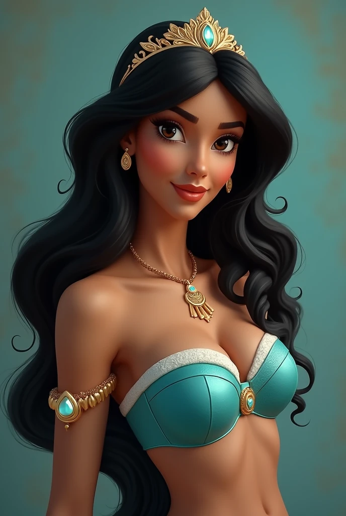 ultra realistic, photography, long black straight hair, elegant hair, (30 years old, hazel eyes, hourglass figure, perfect fit body, natural big breasts), femme fatale, Princess jasmine costume, oriental background, holding the magic lamp from aladdin, rubbing the magic lamp of aladdin
