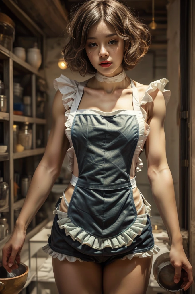 a portrait of a pole, undercut hair, maid, freckles, apron, big breast, amazing body, pronounced feminine feature, legwear suspenders, close up, skin covered by flour, (beautiful old kitchen in wooded cabin:1.4)