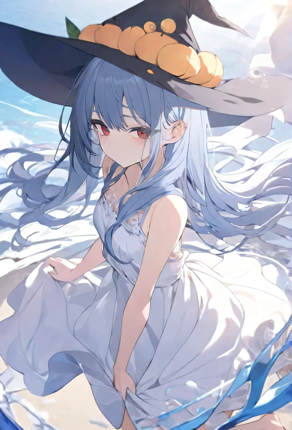 masterpiece，Top quality，best quality，Official Art，Beautiful and discerning，Extremely detailed（Fractal Art 1.2），rich and colorful，The most detailed，A girl，Expressionless，long dark blue hair，long bangs，bright red eyes，pale albinism，barefoot，Wearing a pure white summer dress，Wearing a coat that is not the right size，Wearing a witch hat，Turn your back to the audience