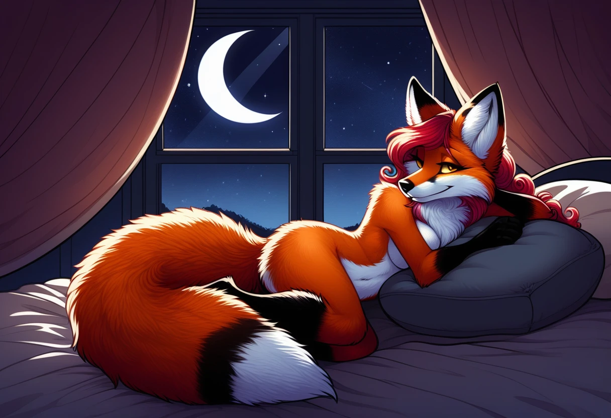 red fox, female, vixen, fox tail, gorgeous, majestic, elegant, mysterious, alluring, romantic, beautiful, sexy body, voluptuous, hair, scarlet hair, red hair, yellow eyes, smile, gazing at viewer with side eye, side view, full body, highres, perfect artwork, absurdres, rzminjourney, vector-art, curled up, tail curled up cuddling, curled up cutely, sleeping, sleeping cutely, waifu, on a bed, black pillow, in a bedroom, night, window with night sky and a half-moon, window, half-moon, pitch black night sky, safe for work, covered chest