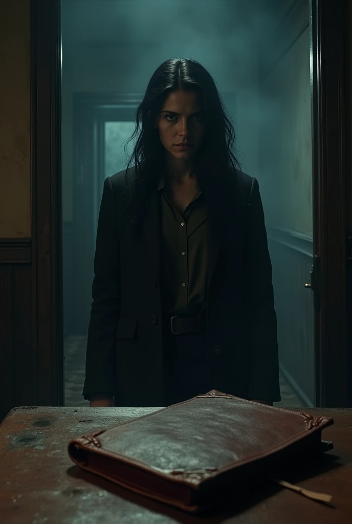 ultra realistic, photography, long black straight hair in a ponytail, elegant hair, (30 years old, hazel eyes, hourglass figure, perfect fit body, natural big breasts), femme fatale, long eyelashes, cat-eye make-up, she is dressed like a NYPD detective, under her trenchcoat her shirt is buttoned up, she has a badge on the trenchcoat, she is wearing elegant pants and high heels, she is at a homicide scene in an apartment, she is kneeling next to puddle of blood on the floor, there is a bloody man laying on the floor in the background, she has a notepad in her hand and is taking notes, she is looking at the notes in her notebook, full body picture, wide angle