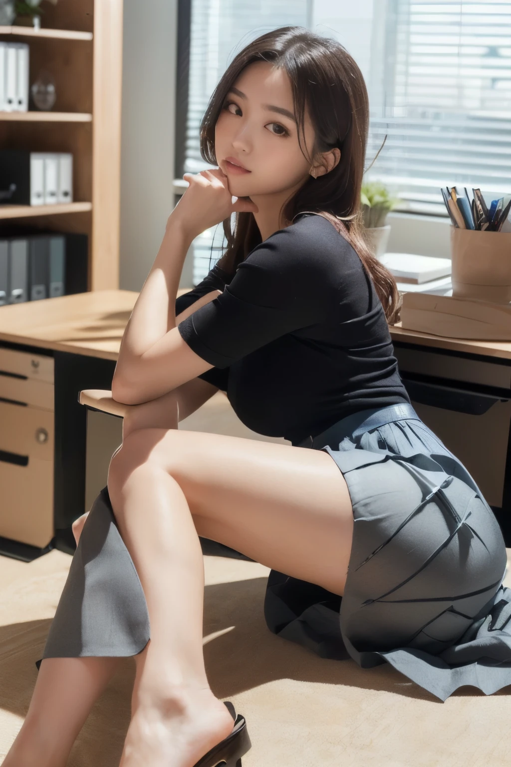 Silk Transparency,High-point hairstyle、Personal,34 years old, Brunette biting her lip,Sitting,Facing the camera,Sitting双抬腿)(Camel toe),(No),(No belt),Sitting,Above the crotch,enchanting,High heel, (Yoga pose downward dog,)Long legs, Strong leg muscles,