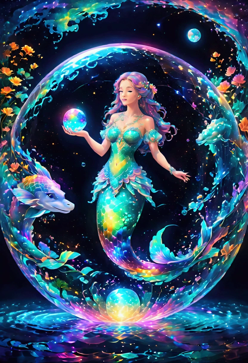 a blue crystal ball illuminated from the inside, a beautiful mermaid with rainbow refraction effect scales, the mermaid is inside the crystal ball, the crystal ball is floating in the ocean at night. 