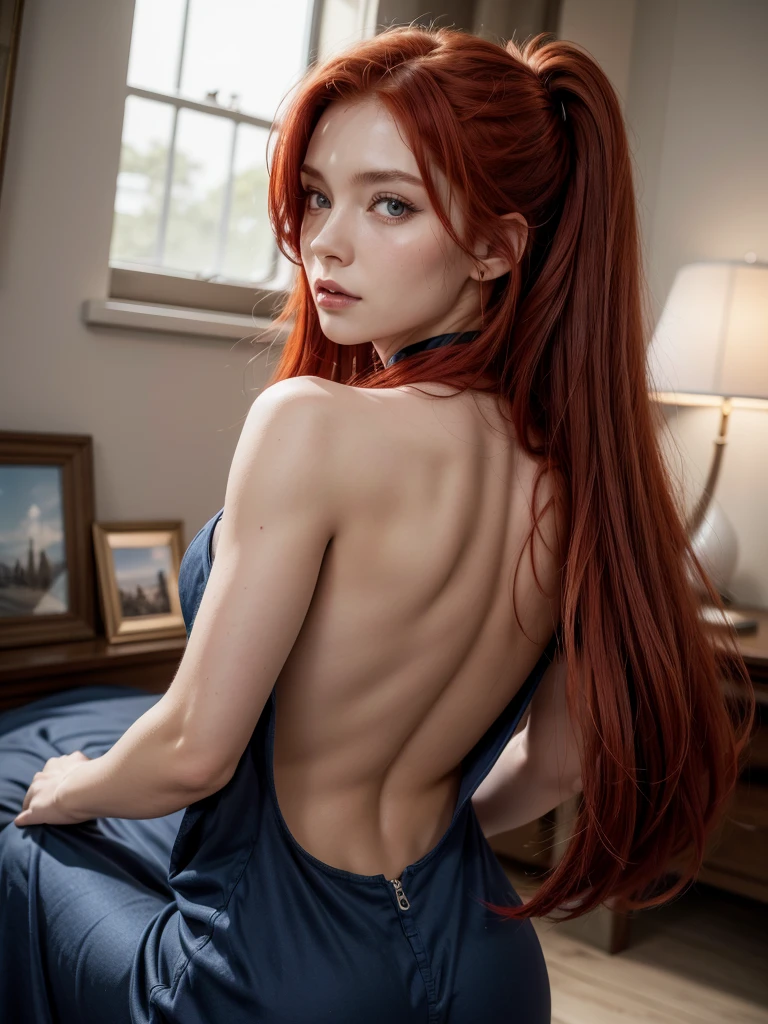 Nsfw、nude、((back view))、(((1 girl))), ((((alone)))), ((messy hairstyle)), stand and take a photo, (((reddish yellow hair)), red eyes