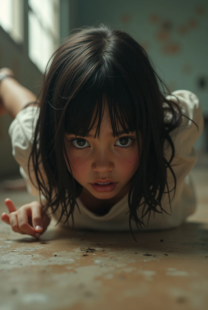 A huge carnivorous parasite ripping a girl in half inside a room
