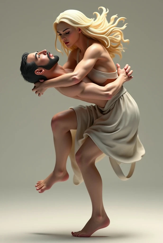 Create a photo of a 30 year old young woman, with a slender and beautiful body, completely naked, with white and clear skin, with long light brown hair and has her back to the camera as she is lifted high into the air by an obese black 90 year old lady, dark black skinned, who has short hair, who wears glasses and a blue dress