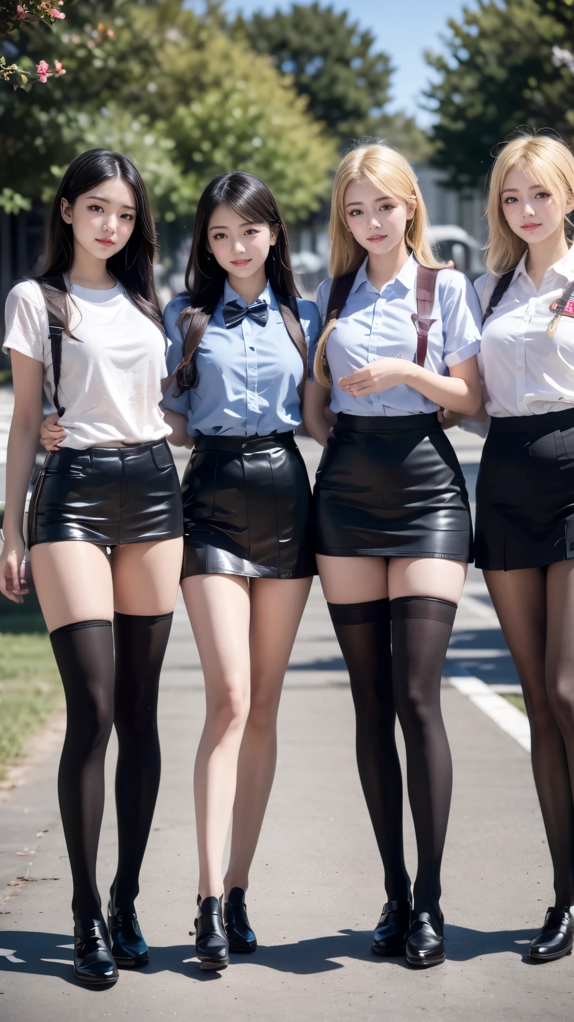 ((((There are four people:1.8))))、((4 sisters))、gal、(neon street)、(((Four tall high school girls with model-like figures:1.8)))、(Standing facing this), Full body photo shoot、(((Group photo of gals on school trip:1.7)))、(wide thighs, Very long legs), high heels on the ground, classroom, (masterpiece:1.3), (8k, realistic, Raw photo, highest quality: 1.4), beautiful face, (realistic face), (blonde short cut:1.3), realistic eyes, Pretty pretty eyes, realistic skin, beautiful skin, ultra high resolution, Super realistic, very detailed, golden ratio, cute, cute female teacher, High school girl in summer clothes, surreal high school girl, pleated micro mini skirt, Milk splashed on the uniform、Wet panties、pantyhose, (black stockings)、high heel loafers, full body figure, thin arms, (big breasts)、black leather designer bag、 High school girl in jk uniform, surreal high school girl, pleated micro mini skirt, Milk splashed on the uniform、Milk splashed on pantyhose、pantyhose, black stockings、high heel loafers, full body figure, thin arms, (big breasts:1.29)、 wide thighs、long legs,