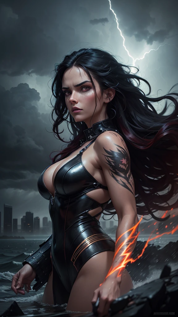 Masterpiece, Sarah Shahi, upper body shot, standing in dark cave, wearing black sexy silk dress, horns on head, perfect detailed eyes, red lips, particles, fog, evil face, 