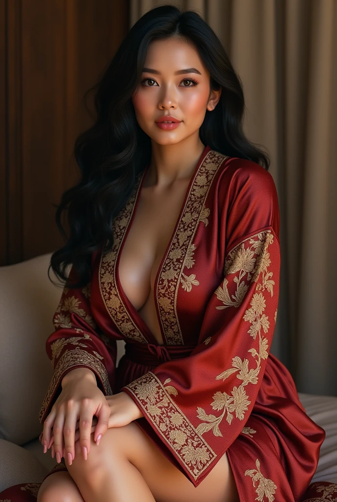 Latin woman, 18 years, green eyes in asian kimono showing big breasts, showing legs, Sitting on red velvet stool, Photo studio, Black background, the highest quality in image 