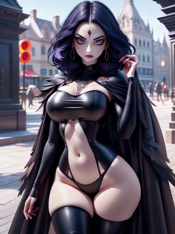 1girl as raven goth woman, detailed eyes, detailed face,  pale skin,mature body, tall body,seductive body, big breast, medium thigh, wide hips, masterpiece, she has very full breasts, measuring 95 cm in diameter and incredibly firm, highlighted by her tight clothing