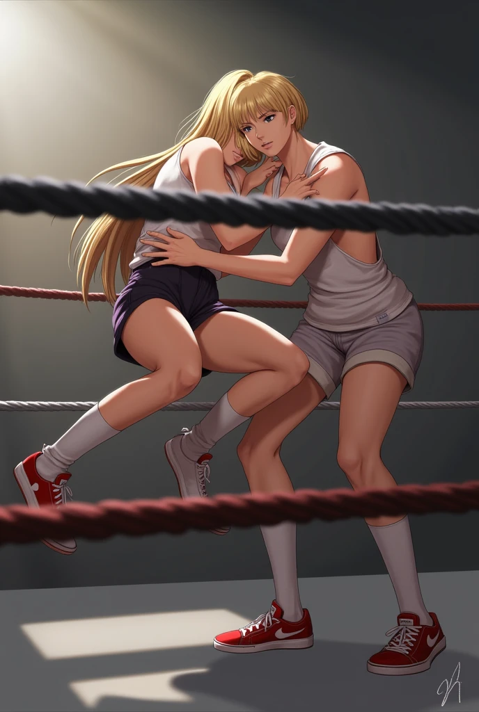 (((masterpiece))),(((best quality))),(ultra-detailed,high resolution:1.2),(illustration),((an extremely delicate and beautiful)),(detailed background), ((fullbody, standing)), ((face to face, hug, sex)), toes, kiss, (vaginal penis), (((wrestling ring)))), ((1petit girl)and(1petit boy)),hetero, ((((1petit girl,short stature)))), , (slender body:1.4), (long hair, french braid),straight hair, blonde hair, light blue eyes, ((((flat chest)))), covered navel, collarbone, pale skin,shiny skin, ((She wears one piece swimsuit,frilly swimsuit, hair ribbon)), (ahegao,rolling eyes:1.4), (trembling), (cum on clothes:1.4),cum on body,excessive cum,cum facial,bukkake,cum on hair,cum in pussy, clothing aside, clothed, (1petit boy, short stature:1.4), ((((8 years old))))inned shota boy,interracial, small penis, undercut, (((he has hair)))), he looks smug, text,