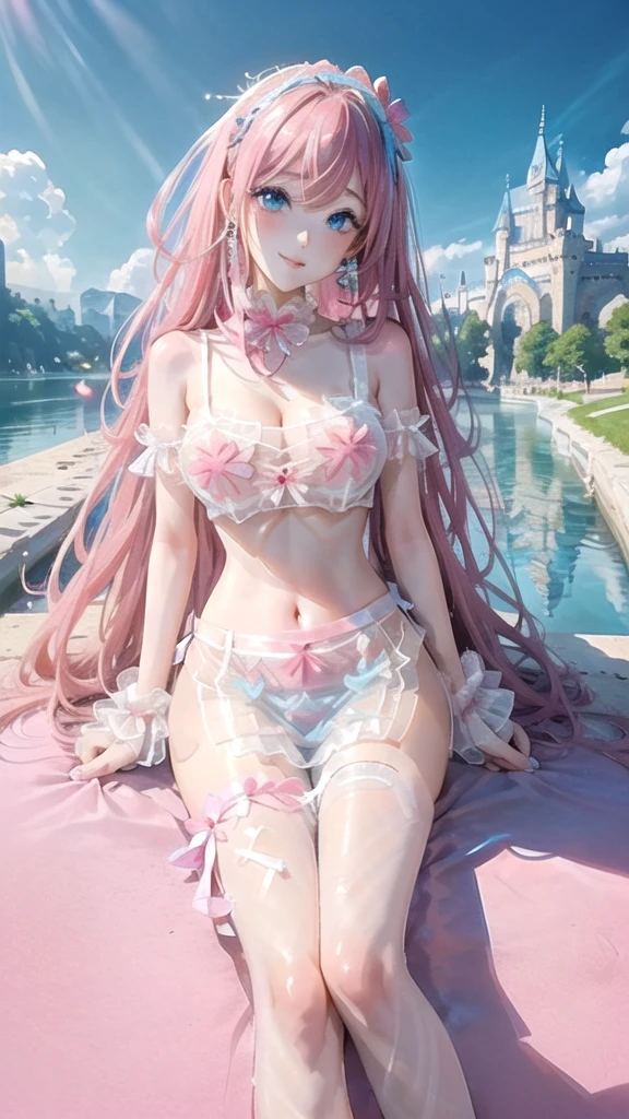 (((masterpiece, ultra HD, 8K quality))), (((clear and bright image))), anime, 1 woman, (((beautiful woman))), (((shining Pink Straight Hair, bangs))), (((shining attractive eyes))), ((((beautiful Blue big eyes))))), (((eye highlights))), ((very long eyelashes, pale pink lips)), (((very large breasts))), cleavage, (((Bold and sexy poses))), looking at the viewer, navel, (((Beautiful smile))), water, thighs, bare shoulders, front tie top, arm support, narrow, ((((Light Blue  see-through love uniform))), (((Pink flower hair ornament))), bare feet, collarbone, neck ribbon, halter neck, water's edge, Earrings, necklaces, bangles, rings, anklets, (((Castle on the Lake in the background)))
