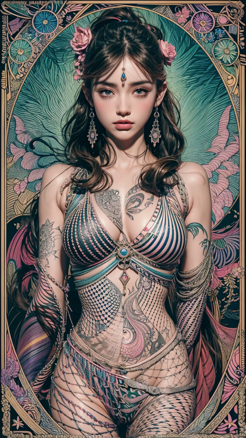 official art, unity 8k wallpaper, ultra detailed, beautiful and aesthetic, masterpiece, best quality, (zentangle, mandala, tangle, entangle), (fractal art:1.3) , 1girl, extremely detailed, dynamic angle, cowboyshot, the most beautiful form of chaos, elegant, a brutalist designed, vivid colours, romanticism, by james jean, roby dwi antono, ross tran, francis bacon, michal mraz, adrian ghenie, petra cortright, gerhard richter, takato yamamoto, ashley wood, atmospheric, ecstasy of musical notes, streaming musical notes visible