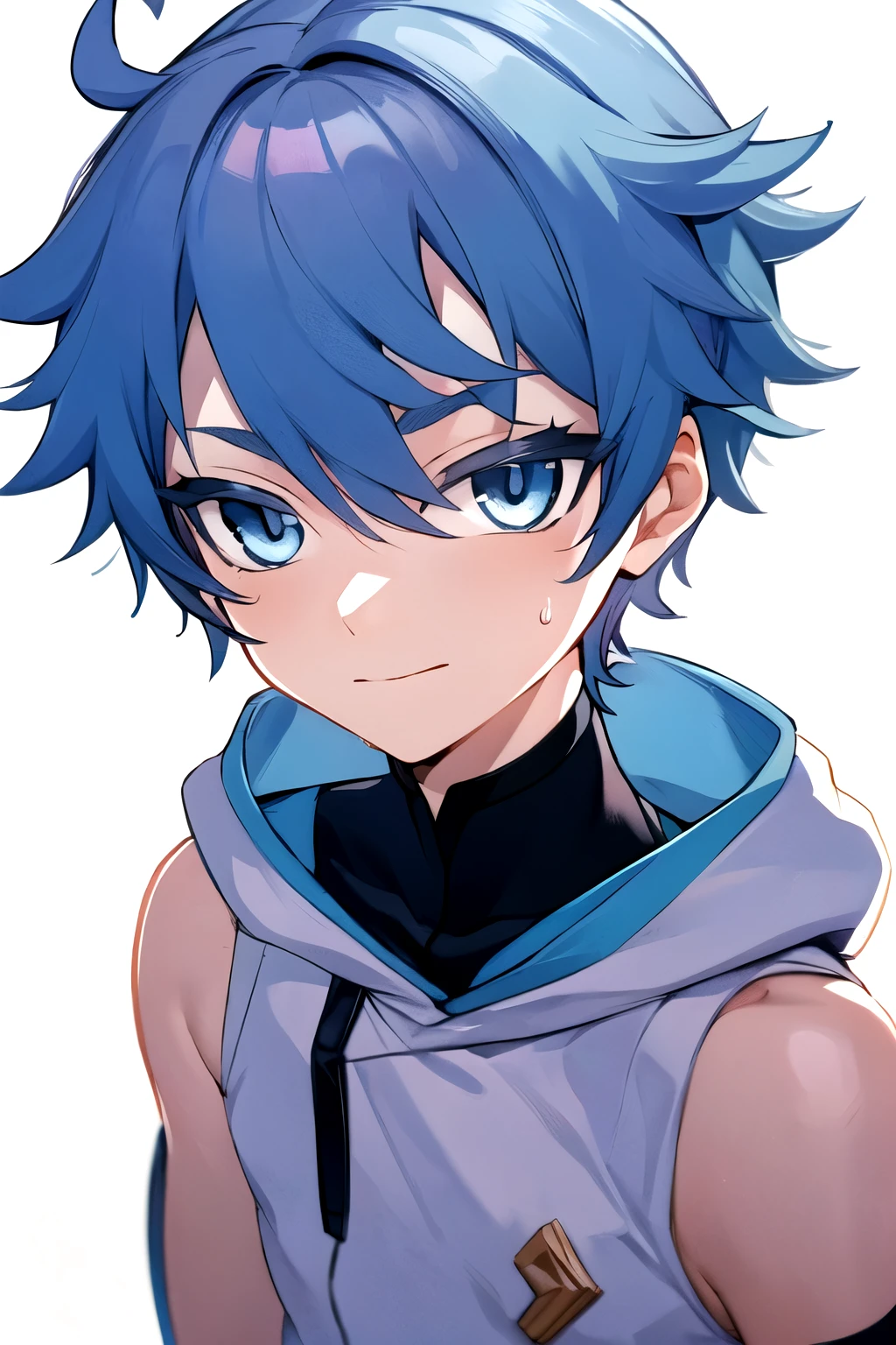 Highres, Masterpiece, Best quality at best,Best Quality,hight quality, hight detailed, Anime style, 1boy, Shota, young boy,14-years-old, chongyun, blue hair, blue eyes, short hair bangs, hair between eyes, Sleeveless hoodie, Bare shoulder, body, light smile, closed mouth, (very young boy), (very small and short body), Simple beckground, cute boy, Uhd, bokeh, sweat