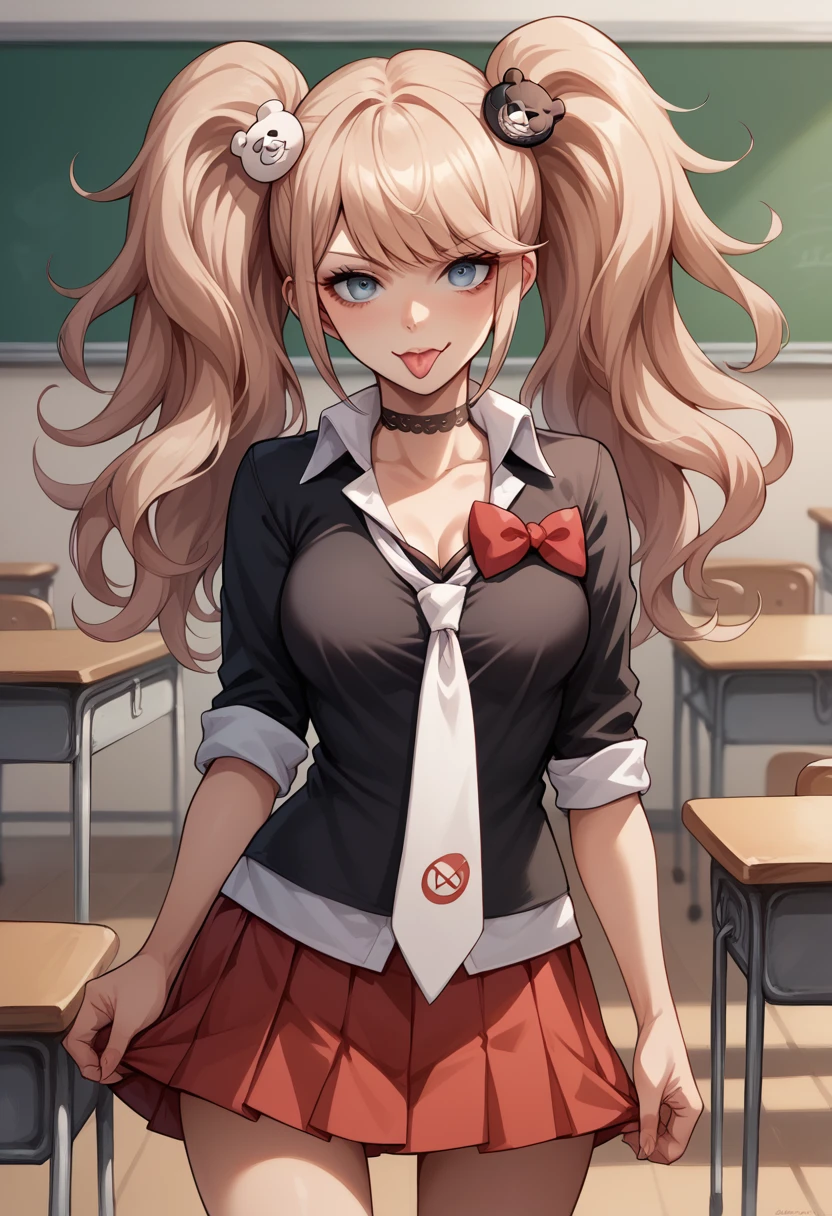 score_9, score_8_up, score_7_up, BREAK, score_9, enoshima junko, tongue out, breasts, twintails, bear hair ornament, school uniform, black shirt, white necktie, red bow, sleeves rolled up, red skirt, choker, looking at viewer, cowboy shot,  from behind, classroom