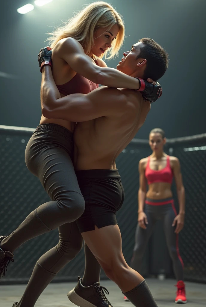 A female boxer with incredible height fights a man who can&#39;t even reach her legs. I said woman, not man. 