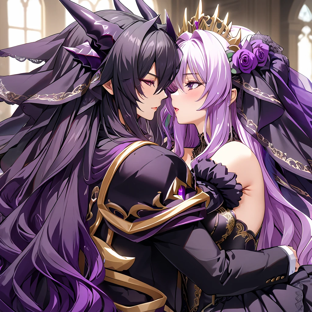 ((Highest quality)), ((masterpiece)), (detailed), （Perfect Face）、The woman is Luxuria、The woman is wearing a gorgeous black wedding dress with gold embroidery and trim, and a black wedding veil, and is embracing and kissing the great demon king to celebrate their wedding.