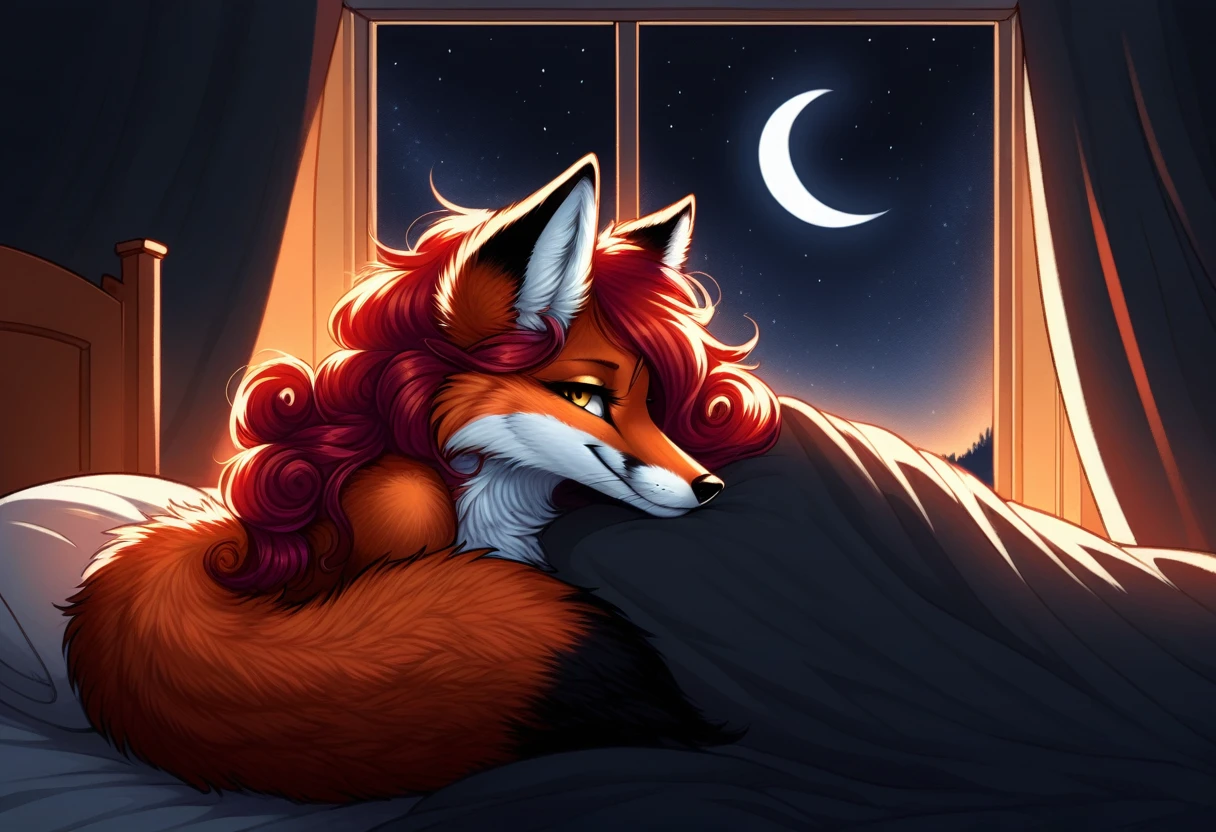 red fox, female, vixen, fox tail, gorgeous, majestic, elegant, mysterious, alluring, romantic, beautiful, sexy body, voluptuous, hair, scarlet hair, red hair, yellow eyes, smile, gazing at viewer with side eye, side view, full body, highres, perfect artwork, absurdres, rzminjourney, vector-art, curled up, tail curled up cuddling, curled up cutely, sleeping, sleeping cutely, waifu, on a bed, black pillow, in a bedroom, night, window with night sky and a half-moon, window, half-moon, pitch black night sky, safe for work, covered chest