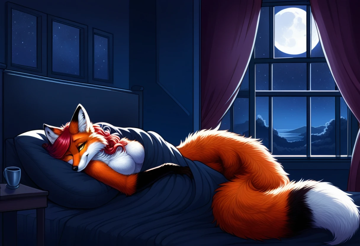 red fox, female, vixen, fox tail, gorgeous, majestic, elegant, mysterious, alluring, beautiful, sexy body, voluptuous, hair, scarlet hair, red hair, yellow eyes, smile, gazing at viewer with side eye, side view, full body, highres, perfect artwork, absurdres, rzminjourney, vector-art, curled up, lying on stomach, sleeping, sleeping cutely, waifu, on a bed, pillow, in a bedroom, night, bookshelf