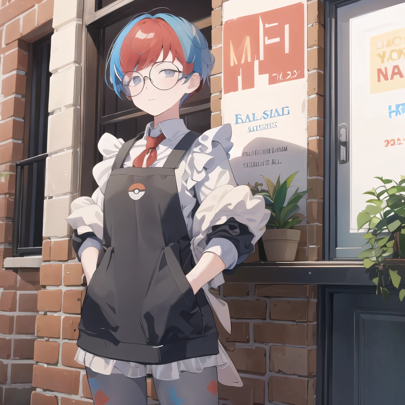 ((masterpiece,best quality)), absurdres,   Penny_Pokemon, 1girl, multicolored hair, two-tone hair, red hair, blue hair, grey eyes,  round eyewear, grey pantyhose, hand in my pocket, solo, Embarrassed, {maid:1.40}, {maid dress:1.15}, frilled apron, looking at viewer,  cowboy shot, contrapposto,   