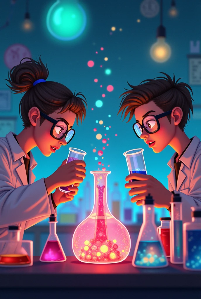 Junior scientist. I want in written junior scientist girl and boy both
Another one doing physics experiments
At some distance
Don’t touch to each other
Not eye contact
Focus on experiments
Change this
