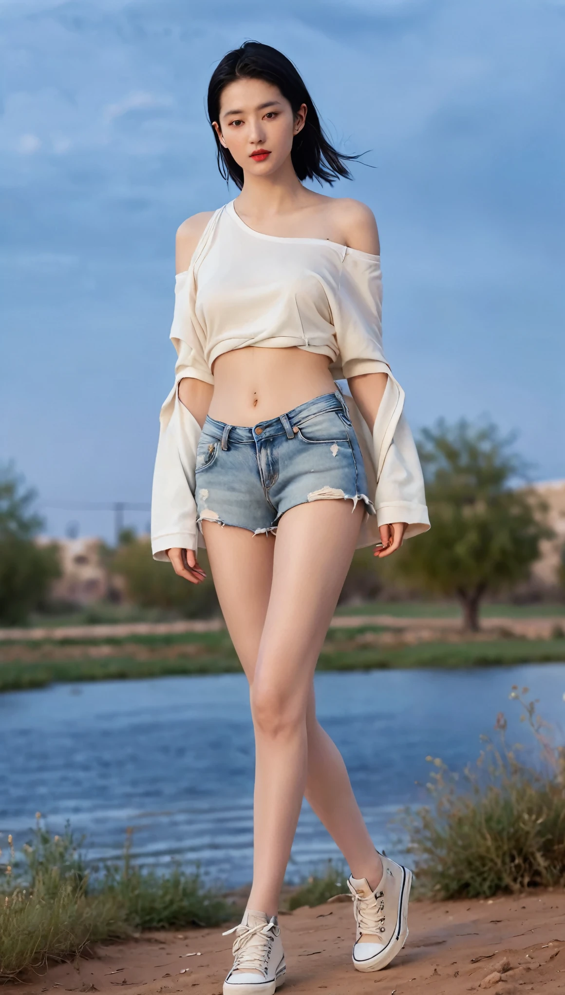 DIY16，best quality, 超HD, masterpieces, 8K, Practical, Anime style, 3D Rendering，masterpiece,need,lifelike，Bare lower abdomen，Sexy，bandage，Layering，Hollow，Full body image，Feral，Khaki washed distressed shorts，Black hair，Open shoulders，Layering，Long legs，，Wasteland Punk Style，desert，The details of wind and dust are complex，，HD，Photography Lighting，16K(Pond in the evening:1.2), (8K, best quality, masterpiece:1.2), (Ultra-high resolution:1.0), Extremely bright design, Soft colors, (ink:1.3), Autumn Lights, High Detail, dramatic, photoPractical painting art