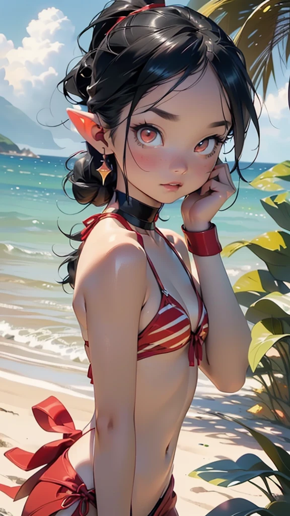 cute goblin ,girl, 1girl,(((little ,tiny little body,small))),(((6 years old))),((anime goblin with extremely cute and beautiful braided hair)),(((goblin, goblin ears))),
(((flat chest))),((((black hair:1.35,twin tail braid hair,colored inner hair,ear breathing)))),(((red_eye:1.3))),Complex eye,beautiful detailed eye,symmetrical eye,big eye:1.5,(((Glossy skin:1.5,bright skin: 1.5,tanned skin,shiny skin,very shiny skin,shiny body,plastic glitter skin,exaggerated shiny skin,illuminated skin))),(,detailed body,fine arms,(detailed face)),
cute,slutty,erotic,Bold,NSFW,
((red bikini:1.5,dot bikini:1.5,white dot)),revealing clothing,show your skin,(half naked),(choker,wrist cuffs),((Complex outfit,Complex clothes))),
(dynamic pose:1.0),embarrassing,(centered,Scale to fit,Rule of thirds),
(shiny winter ornaments),High resolution,sharp focus,(super detailed,very detailed),(realistic artwork:1.37),(very detailed CG unity 8k wallpaper),(((Bright colors,vibrant theme))),(Complex),(masterpiece),(highest quality),