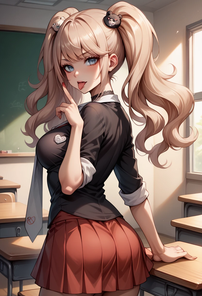 score_9, score_8_up, score_7_up, BREAK, score_9, enoshima junko, tongue out, breasts, twintails, bear hair ornament, school uniform, black shirt, white necktie, red bow, sleeves rolled up, red skirt, choker, looking at viewer, cowboy shot, looking back, from behind, classroom