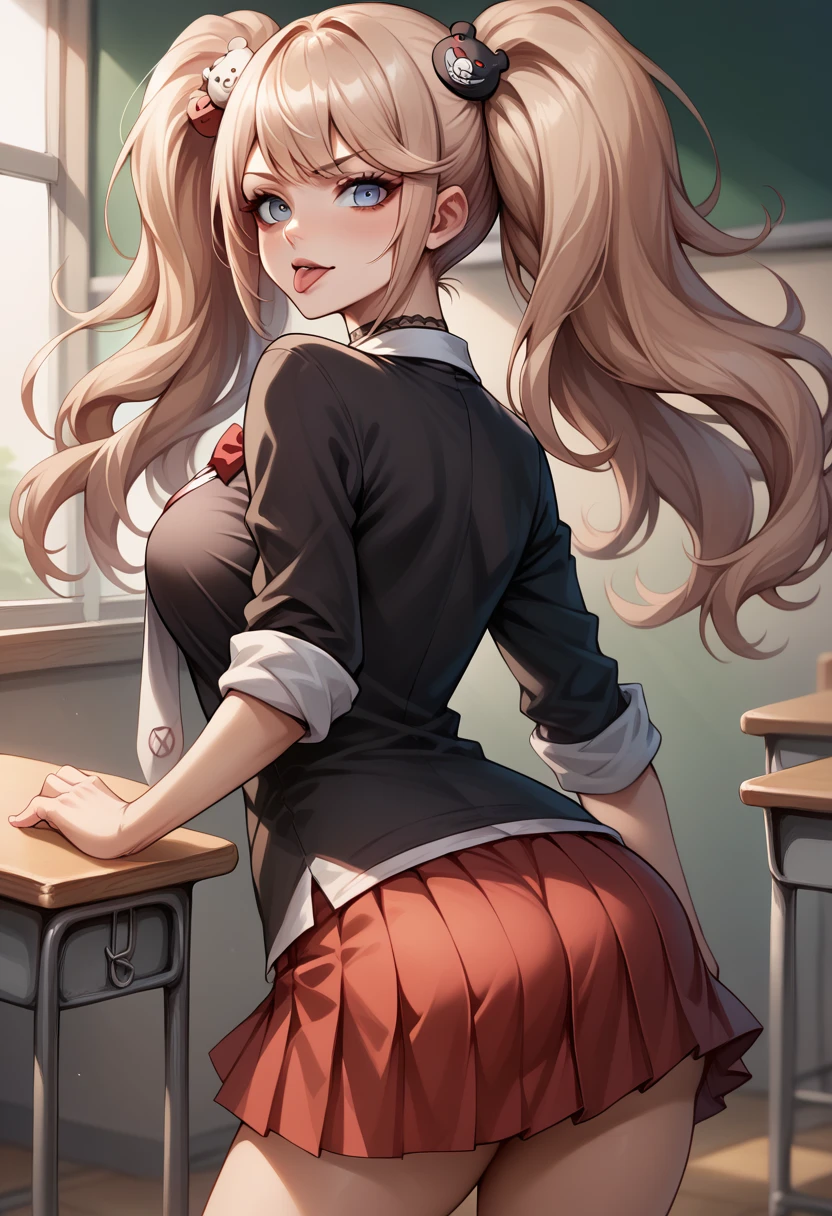 score_9, score_8_up, score_7_up, BREAK, score_9, enoshima junko, tongue out, breasts, twintails, bear hair ornament, school uniform, black shirt, white necktie, red bow, sleeves rolled up, red skirt, choker, looking at viewer, cowboy shot, looking back, from behind, classroom