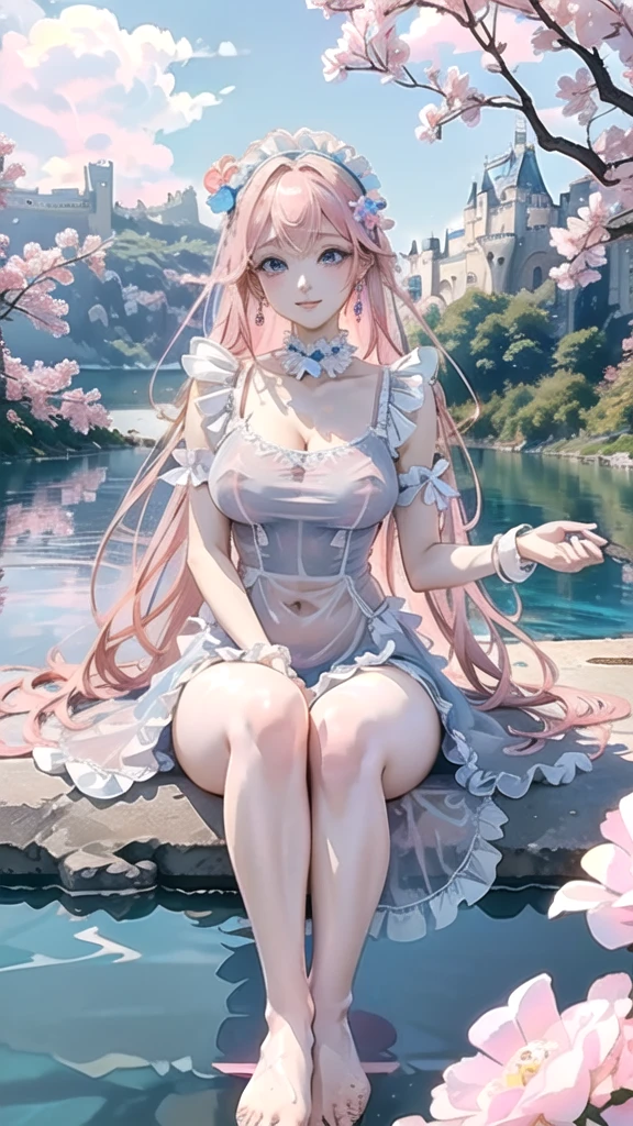 (((masterpiece, ultra HD, 8K quality))), (((clear and bright image))), anime, 1 woman, (((beautiful woman))), (((shining Pink Straight Hair, bangs))), (((shining attractive eyes))), ((((beautiful Blue big eyes))))), (((eye highlights))), ((very long eyelashes, pale pink lips)), (((very large breasts))), cleavage, (((Bold and sexy poses))), looking at the viewer, navel, (((Beautiful smile))), water, thighs, bare shoulders, front tie top, arm support, narrow, ((((Light Blue  see-through Maid dress))), (((Pink flower hair ornament))), bare feet, collarbone, neck ribbon, halter neck, water's edge, Earrings, necklaces, bangles, rings, anklets, (((Castle on the Lake in the background)))
