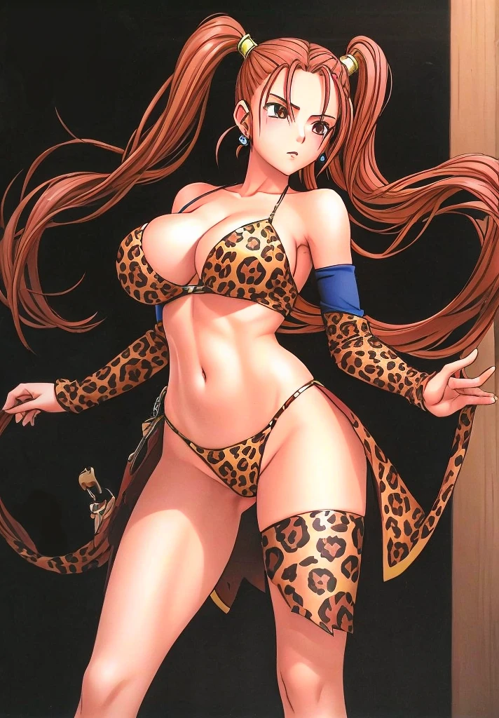 Jessica, with her big breasts, beautiful legs, shoulder-length twin tails, exposed arms and shoulders, and mature face, is standing in a Western-style town in a leopard print bikini with her legs spread to the sides.。