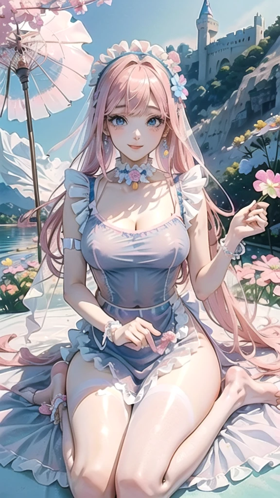 (((masterpiece, ultra HD, 8K quality))), (((clear and bright image))), anime, 1 woman, (((beautiful woman))), (((shining Pink Straight Hair, bangs))), (((shining attractive eyes))), ((((beautiful Blue big eyes))))), (((eye highlights))), ((very long eyelashes, pale pink lips)), (((very large breasts))), cleavage, (((Bold and sexy poses))), looking at the viewer, navel, (((Beautiful smile))), water, thighs, bare shoulders, front tie top, arm support, narrow, ((((Light Blue  see-through Maid dress))), (((Pink flower hair ornament))), bare feet, collarbone, neck ribbon, halter neck, water's edge, Earrings, necklaces, bangles, rings, anklets, (((Castle on the Lake and Cosmos Flowers in the background)))
