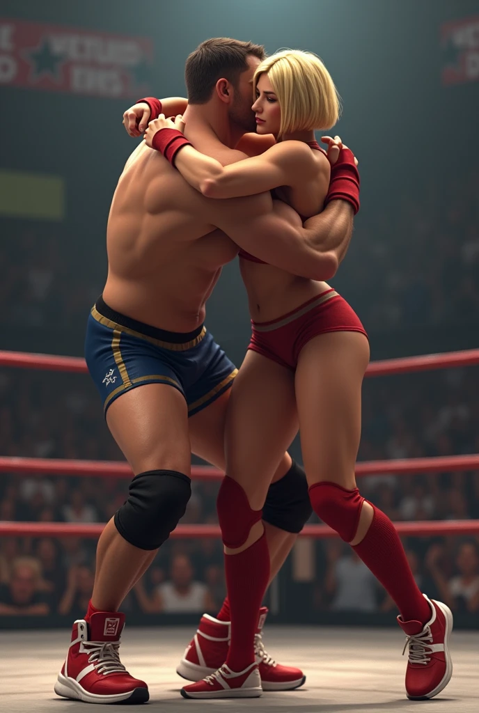 anime art, The girl lifted the man up and held him high above her head, one hand holds the man by the groin, view from the back, full height. street fighter, Rainbow Mika, bright colors, powerful movements, Intense combat, dynamic poses, professional illustration, High energy, Action-packed, Attention to detail, Muscular physique, confident expression, dramatic lighting, realistic 3D rendering, exaggerated proportions, Visually stunning, Fierce competition, Cheering crowd, tournament setup, iconic special moves, flying kicks, high kicks, methods of struggle, Wrestling Ring, Energetic background, Dynamic camera angles, tense facial expression, sweat and determination, Victory Pose, warrior spirit, Branded suit, wrestling mask, energetic atmosphere, Bright and lively, power and strength, Electrifying performance
