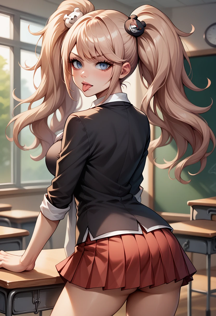 score_9, score_8_up, score_7_up, BREAK, score_9, enoshima junko, tongue out, breasts, twintails, bear hair ornament, school uniform, black shirt, white necktie, red bow, sleeves rolled up, red skirt, choker, looking at viewer, cowboy shot, looking back, from behind, classroom