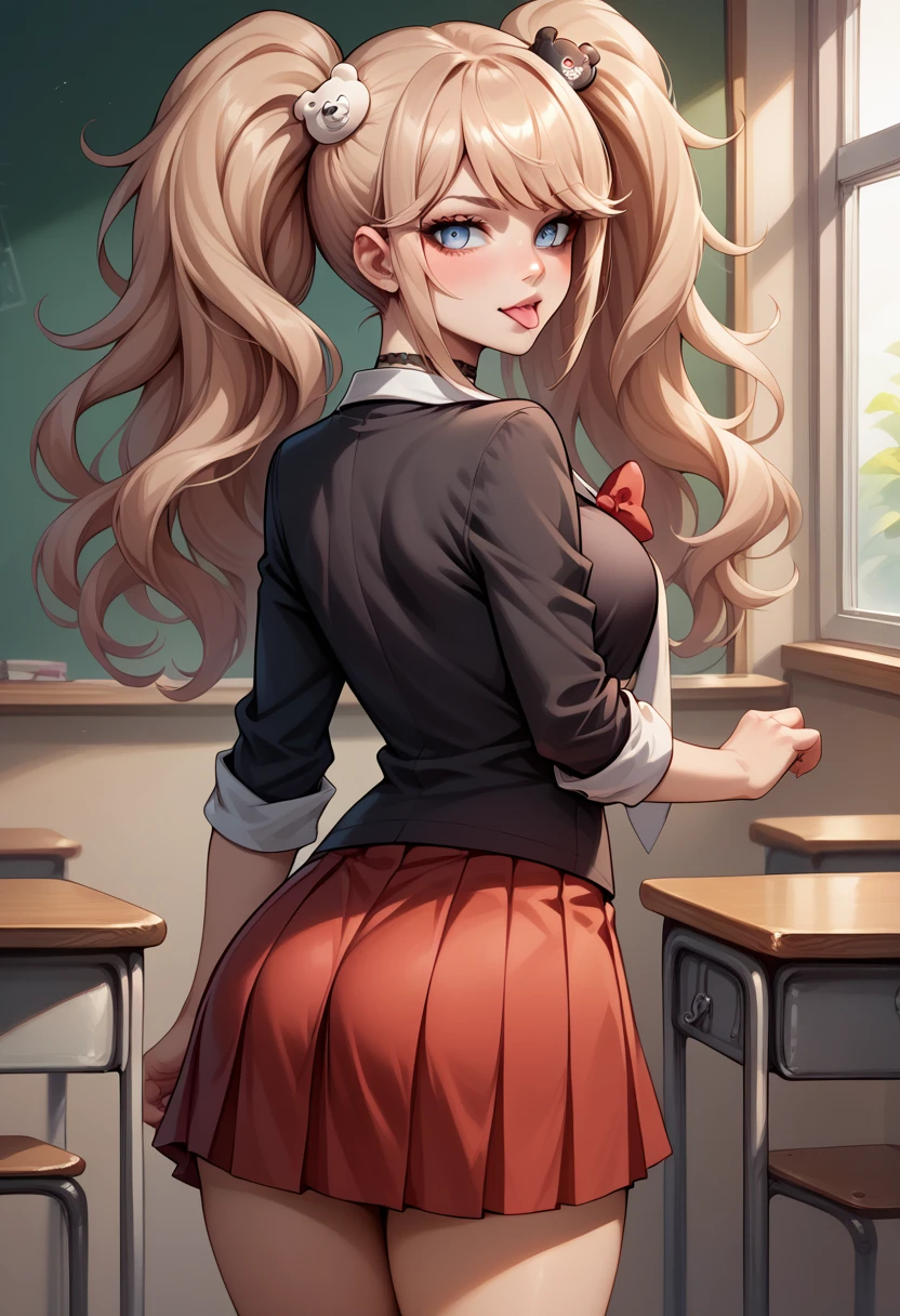 score_9, score_8_up, score_7_up, BREAK, score_9, enoshima junko, tongue out, breasts, twintails, bear hair ornament, school uniform, black shirt, white necktie, red bow, sleeves rolled up, red skirt, choker, looking at viewer, cowboy shot, looking back, from behind, classroom