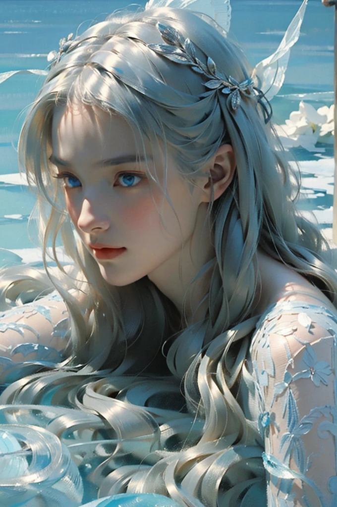 Seven part photos, masterpiece, best quality, Official Art, Extremely detailed CG 8k wallpaper,(Flying petals)(Detailed ice) ,  water晶质感皮肤, Cold expression, White hair, Long hair, Messy hair, blue eyes, Looking at the audience, Extremely refined, water,  ((Beautiful and delicate eyes)), Very detailed, Movie Lighting,((Pretty Face),fine water surface, (Original figure painting), Very detailed, Very detailed,  (Extremely refined), Beautiful and delicate eyes, 