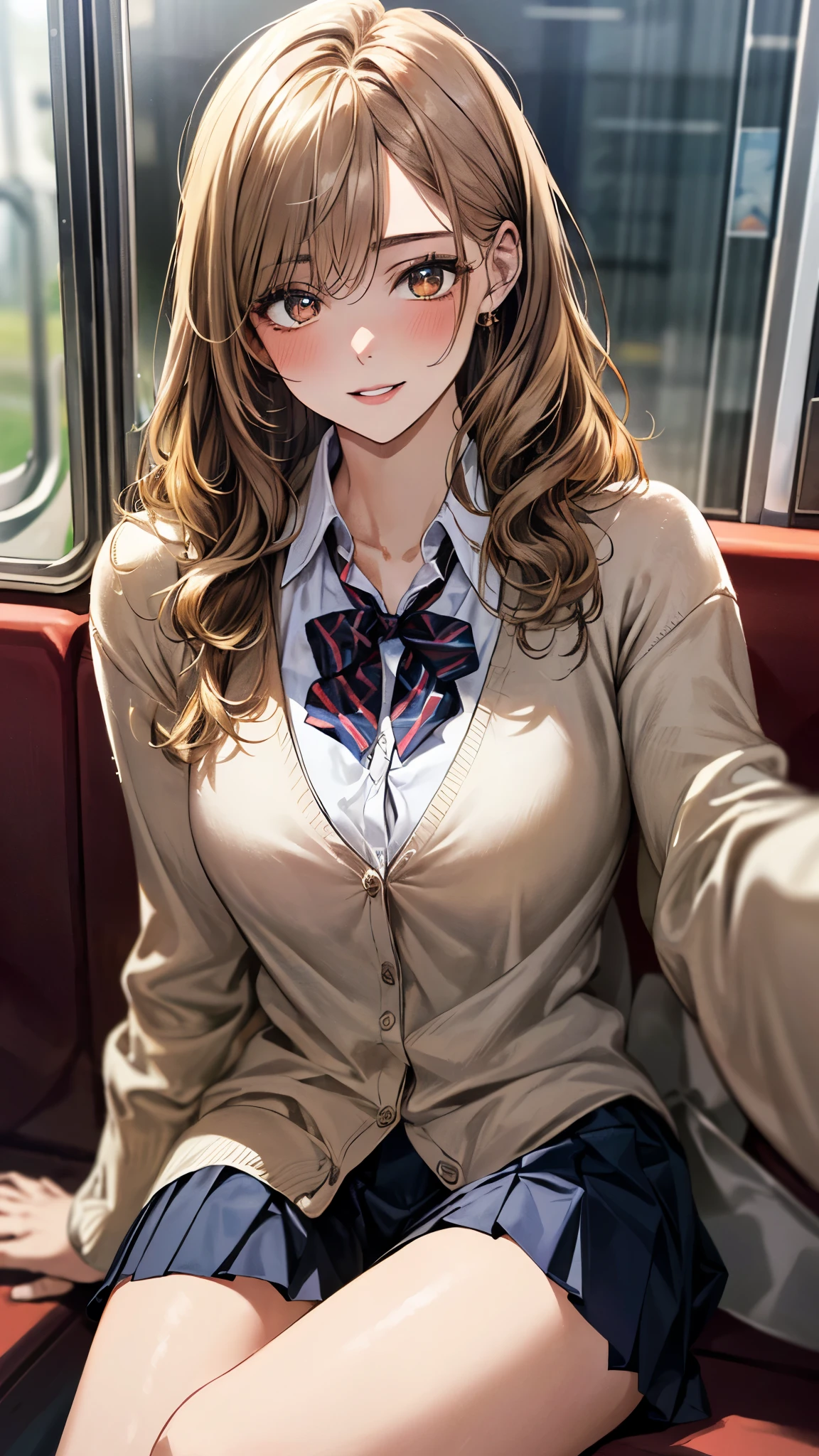 (masterpiece:1.2, top-quality), (realistic, photorealistic:1.4), beautiful illustration, (natural side lighting, movie lighting), depth of fields, nsfw, 
beautiful detailed hair, beautiful detailed face, beautiful detailed eyes, beautiful clavicle, beautiful body, beautiful chest, beautiful thigh, beautiful legs, 
looking at viewer, 1 girl, 12 years old, (perfect anatomy, anatomically correct, super detailed skin), cute and symmetrical face, perfect face, perfect eyes, 
(middle hair, straight hair, curvy hair, ash blonde hair), blunt bangs, break gold eyes, big eyes, long eye lasher, (medium breasts, seductive thighs), perfect body, shiny skin, pink skin, 
(detailed cloth texture, break white collared shirt, break (long sleeve pink knit cardigan), break dark brown pleated skirt, break dark red plaid bow tie), break 
(beautiful scenery), (sit against the wall, train interior), (:o, head tilt, sleeping, closed eyes),